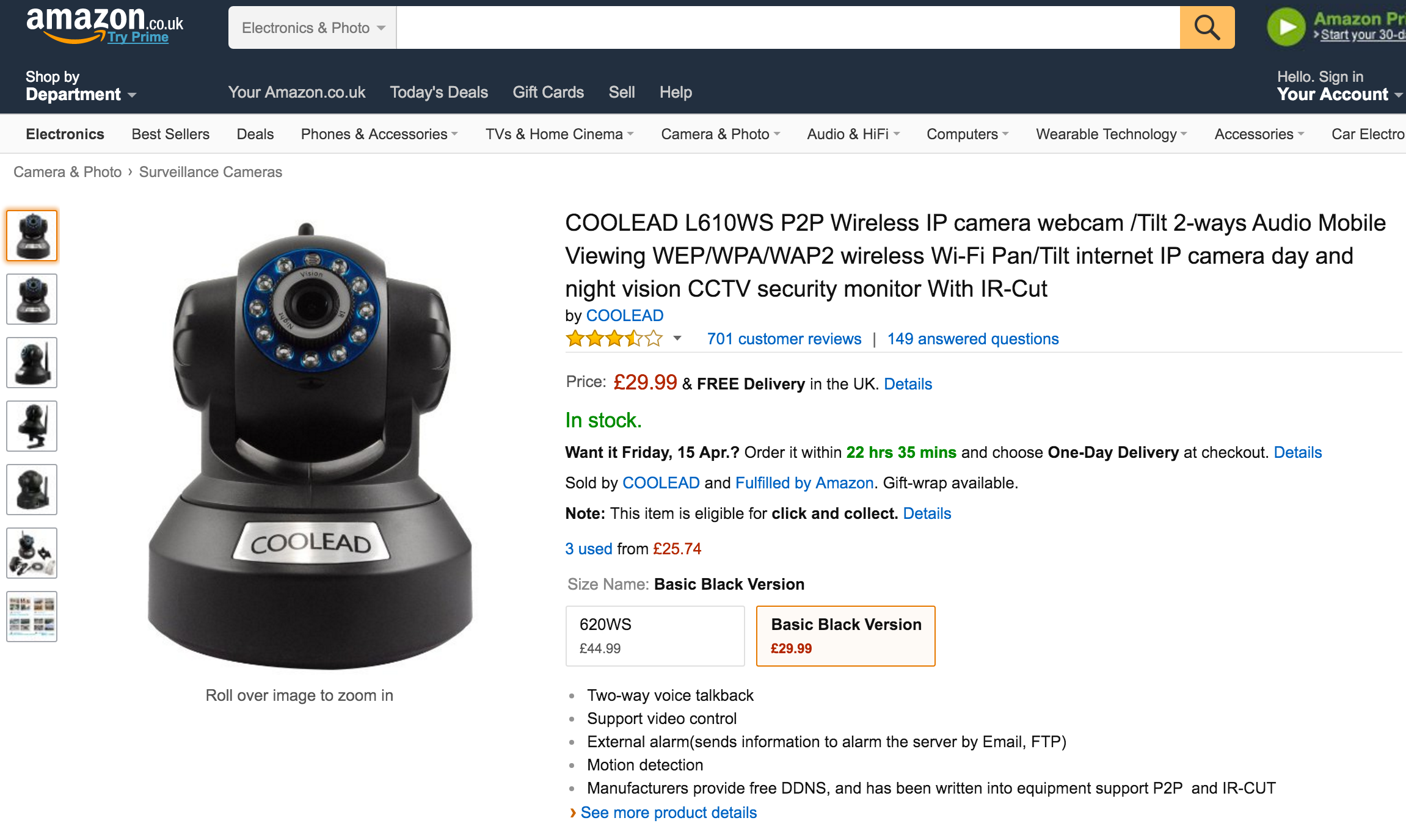 Screengrab from Amazon showing the webcam for sale