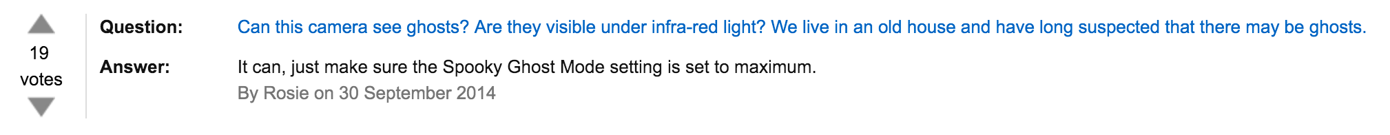 Amazon question asking if the camera can see ghosts